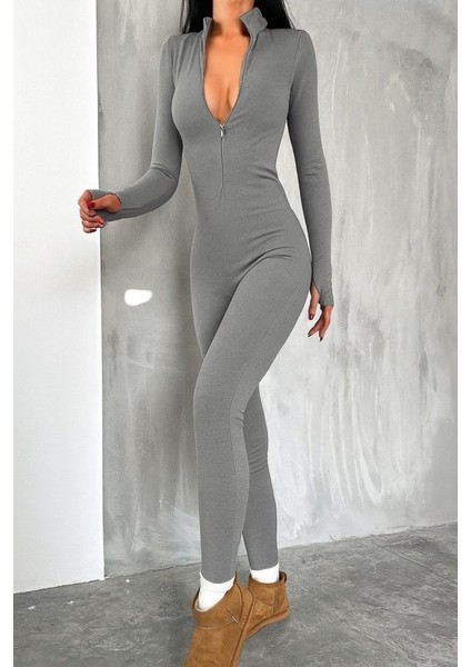 Kadın Uzun Kollu V Yaka Baş Parmak Geçirmeli Detay Kaşkorse Tulum