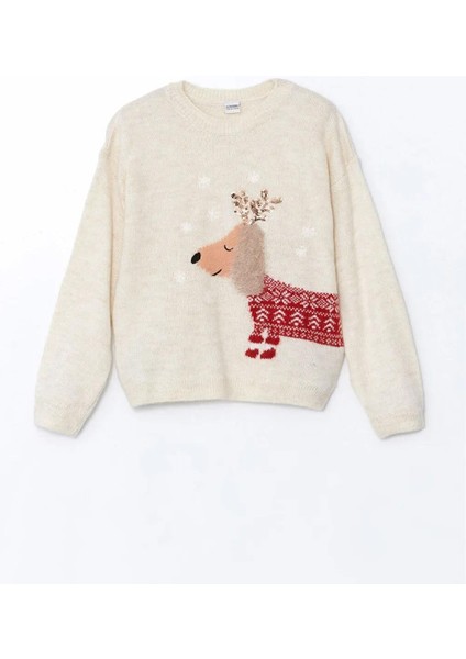 Bisiklet Yaka Yılbaşı Temalı Kız Çocuk Triko Kazak (W5)