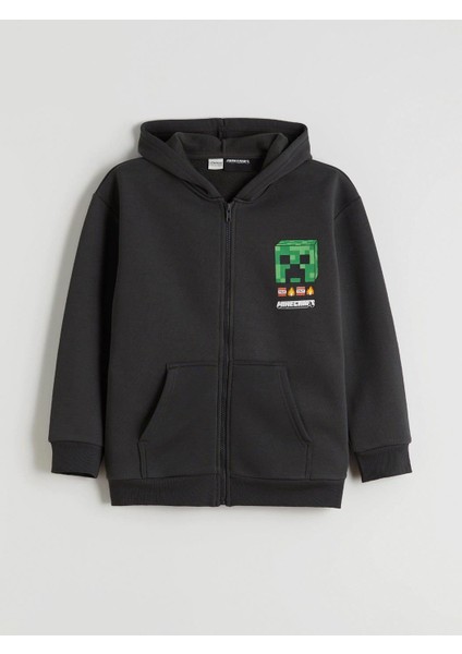 Kapüşonlu Minecraft Baskılı Erkek Çocuk Fermuarlı Sweatshirt (W5)
