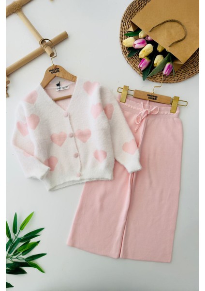 Yumoş Kalp Desenli Kız Çocuk Hırkalı triko takım - Pembe