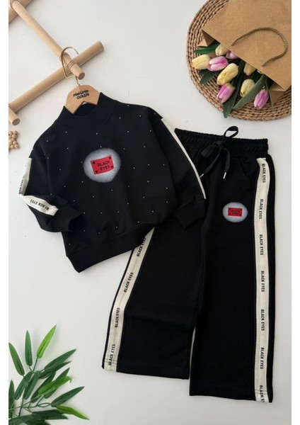 Black Eyes Baskılı Taşlı Kız Çocuk 2 li takım - Siyah