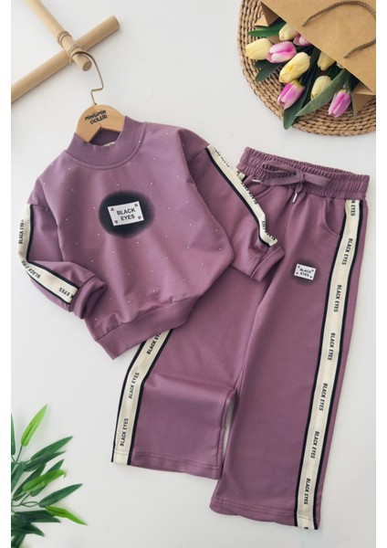 Black Eyes Baskılı Taşlı Kız Çocuk 2 li takım - Mor