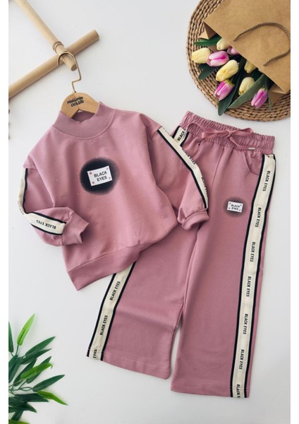 Black Eyes Baskılı Taşlı Kız Çocuk 2 li takım - Gül Kurusu