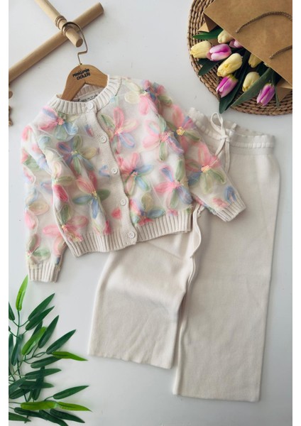 Zambak Tüm Detaylı Triko Kız Çocuk 2 li takım - Krem