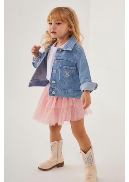 Simli Yıldız Detaylı Kot Ceketli Tütü Etekli Kız Çocuk takım - pudra