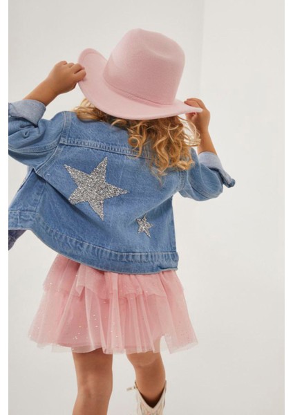Simli Yıldız Detaylı Kot Ceketli Tütü Etekli Kız Çocuk takım - pudra fiyatları