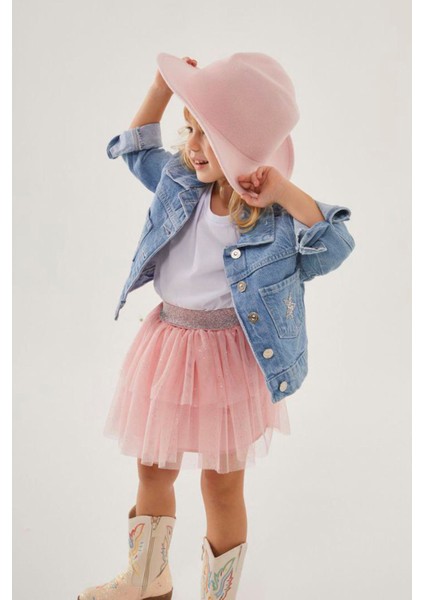 Simli Yıldız Detaylı Kot Ceketli Tütü Etekli Kız Çocuk takım - pudra fırsatları