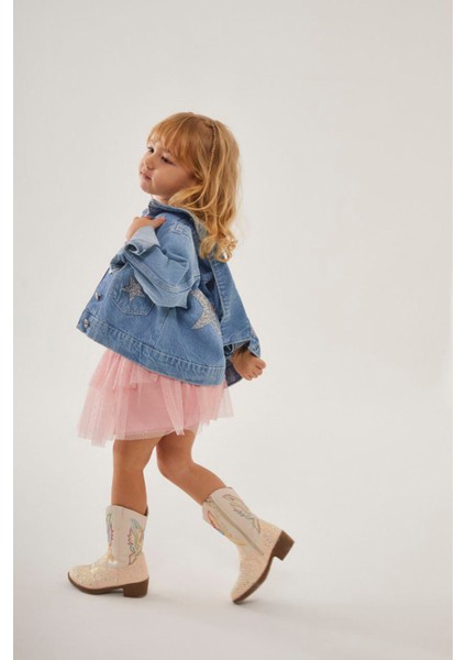 Simli Yıldız Detaylı Kot Ceketli Tütü Etekli Kız Çocuk takım - pudra indirimleri