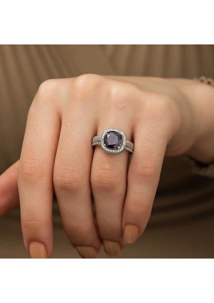 Gümüş Mor Yuvarlak Bayan Yüzük fiyatları