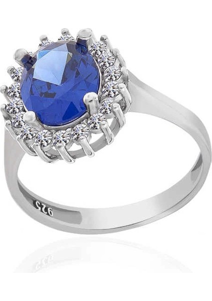 Gümüş Mavi Taşlı Oval Kadın Yüzük