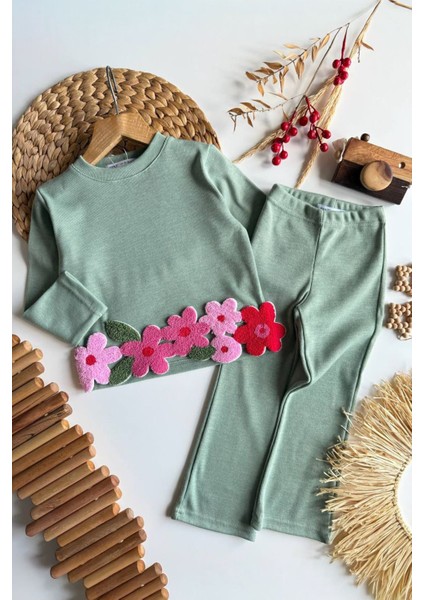 Papatya Panç Işleme Detaylı Kız Çocuk 2 li takım - Yeşil