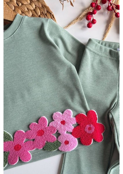 Papatya Panç Işleme Detaylı Kız Çocuk 2 li takım - Yeşil fiyatları