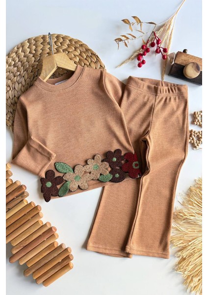 Papatya Panç Işleme Detaylı Kız Çocuk 2 li takım - Kahverengi
