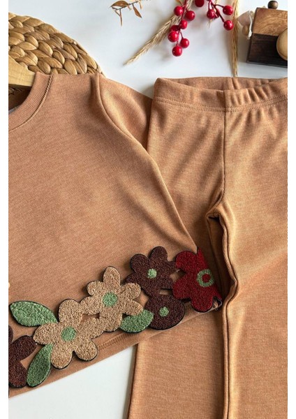 Papatya Panç Işleme Detaylı Kız Çocuk 2 li takım - Kahverengi fiyatları