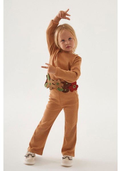 Papatya Panç Işleme Detaylı Kız Çocuk 2 li takım - Kahverengi modelleri