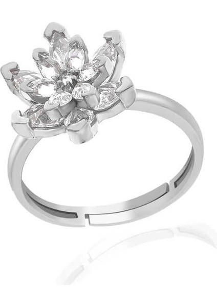 Gümüş Beyaz Taşlı Lotus Çiçeği Kadın Yüzük