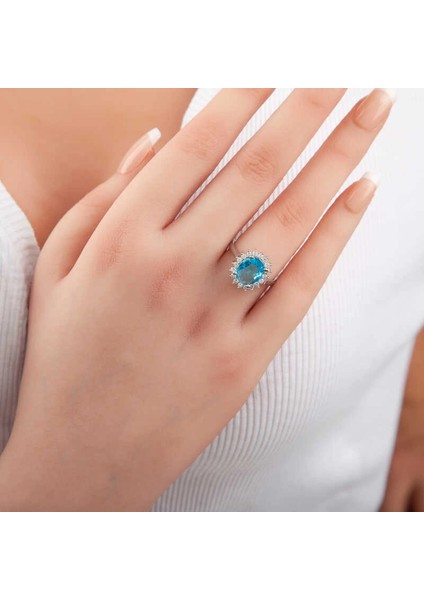Gümüş Turkuaz Taşlı Oval Kadın Yüzük fiyatları