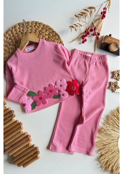 Papatya Panç Işleme Detaylı Kız Çocuk 2 li takım - Pembe