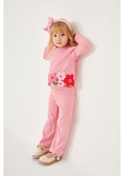 Papatya Panç Işleme Detaylı Kız Çocuk 2 li takım - Pembe modelleri