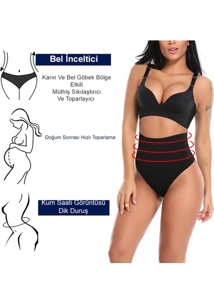 Dikişsiz Yüksek Bel Kayma Yapmaz Toparlayıcı Kadın String Tanga Korse Siyah
