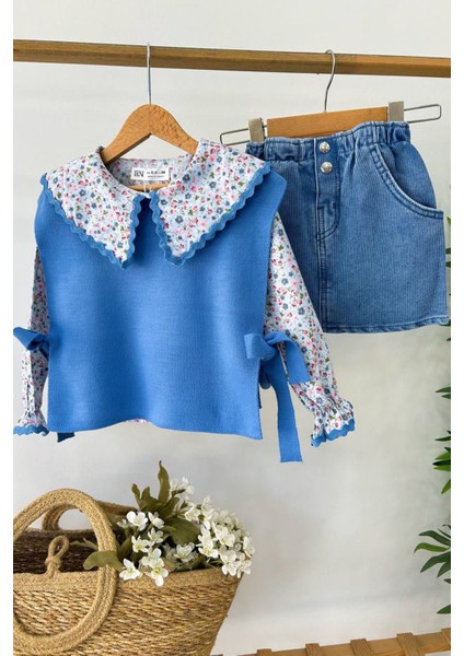 Yaka Çiçek Detaylı Kot Etekli Kız Çocuk triko takım - Mavi