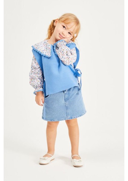 Yaka Çiçek Detaylı Kot Etekli Kız Çocuk triko takım - Mavi fiyatları