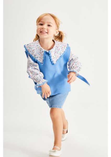 Yaka Çiçek Detaylı Kot Etekli Kız Çocuk triko takım - Mavi modelleri
