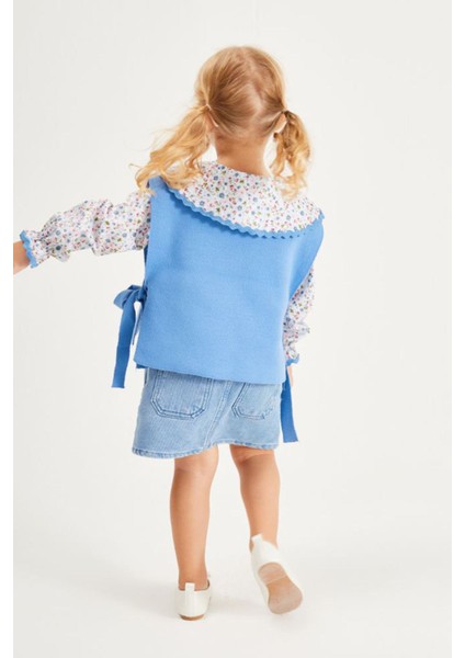 Yaka Çiçek Detaylı Kot Etekli Kız Çocuk triko takım - Mavi fırsatları