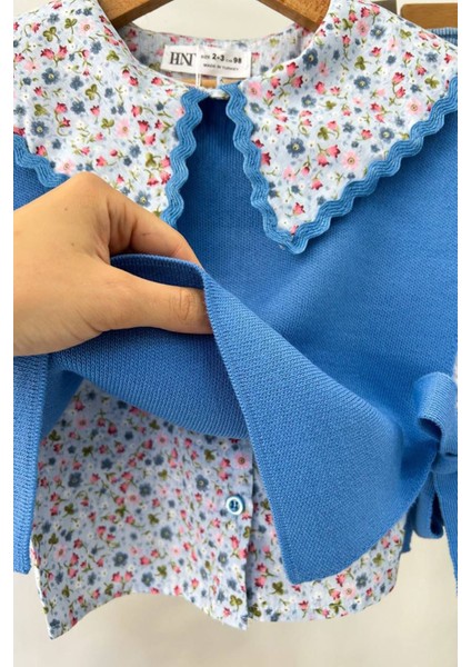 Yaka Çiçek Detaylı Kot Etekli Kız Çocuk triko takım - Mavi indirimleri