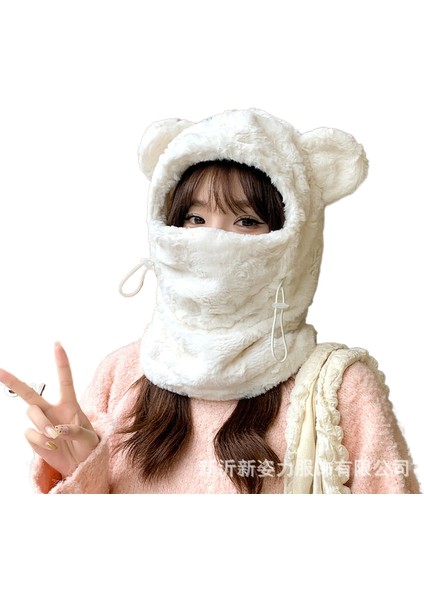 Sonbahar ve Kış Sevimli Şapka Maske Entegre Kadın Baş Örtüsü Kulak Koruyucu Şapka Kalın Peluş Ayı Sıcak Bisiklet (Yurt Dışından)