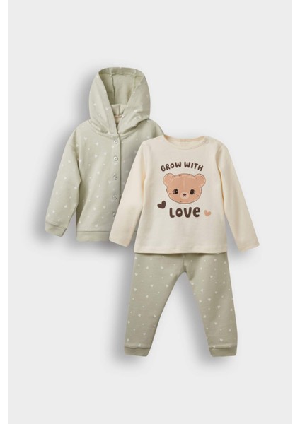 Kız Bebek 3'lü Takım Kapüşonlu Çıtçıtlı Hırka Baskılı Uzun Kollu Tişört Alt F4629A525AU
