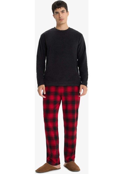 Pijama Takımı Regular Fit Polar Uzun Kollu Üst Ekose Desenli Uzun Alt F4561AX25WN