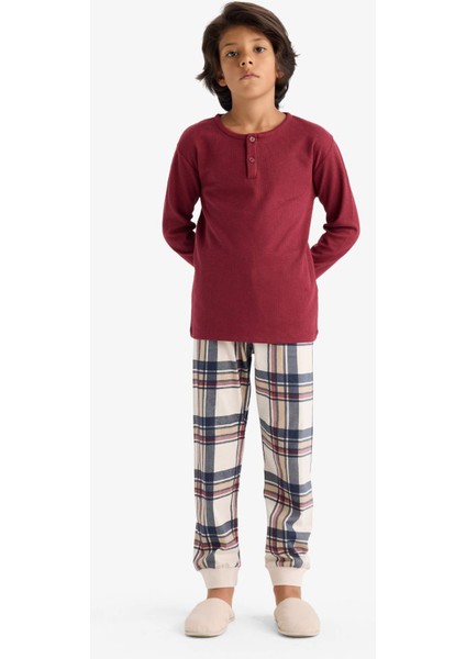 Erkek Çocuk Pijama Takımı Waffle Uzun Kollu Üst Kareli Uzun Alt F1895A825AU