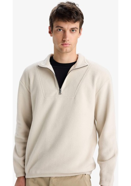 Boxy Fit Dik Yaka Yarım Fermuarlı Polar Sweatshirt E8632AX25WN fırsatları