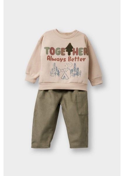 Erkek Bebek 2'li Takım Kadife Baskılı Sweatshirt Pantolon F7594A525WN