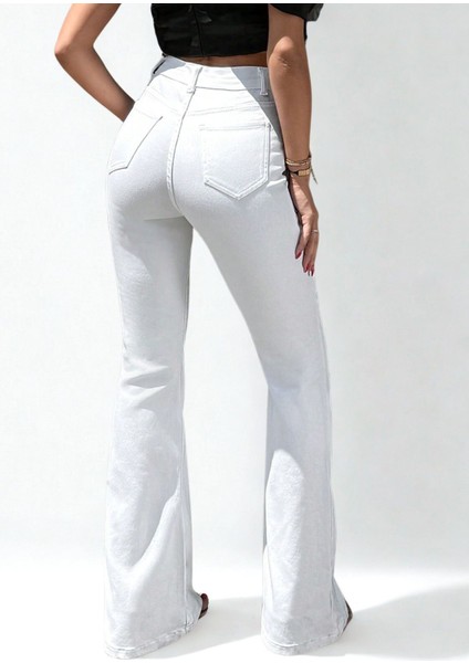 Kadın Yüksek Bel Likralı Ispanyon Paça Jeans Kot Pantolon Beyaz