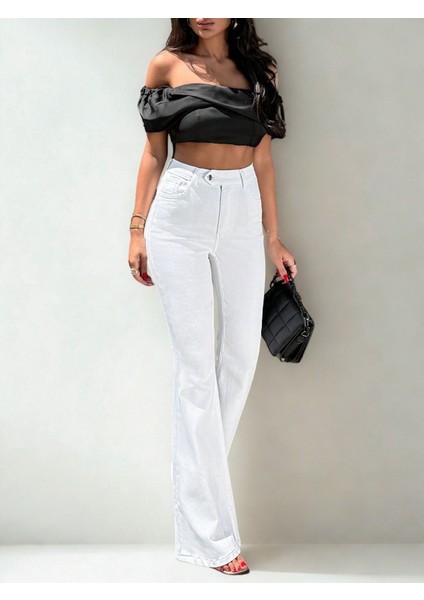 Kadın Yüksek Bel Likralı Ispanyon Paça Jeans Kot Pantolon Beyaz fiyatları