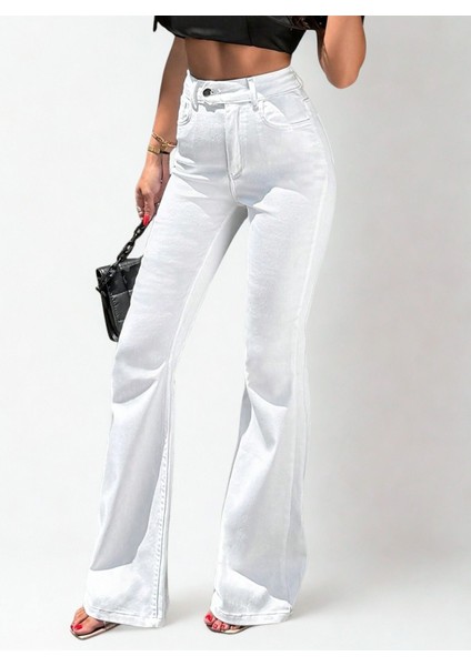 Kadın Yüksek Bel Likralı Ispanyon Paça Jeans Kot Pantolon Beyaz modelleri
