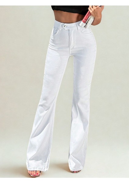 Kadın Yüksek Bel Likralı Ispanyon Paça Jeans Kot Pantolon Beyaz fırsatları
