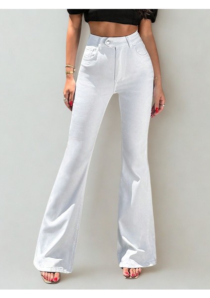 Kadın Yüksek Bel Likralı Ispanyon Paça Jeans Kot Pantolon Beyaz