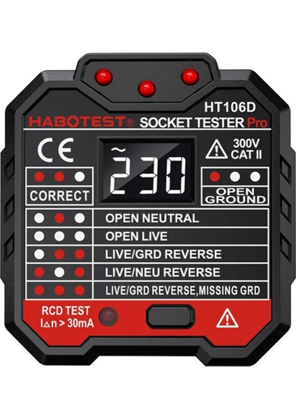 Habotest HT106 Soket Test Cihazı Voltajı Test Dedektörü Ab Fiş Zemin Sıfır Hat Fiş Polarite Faz Kontrol (Yurt Dışından) fırsatları