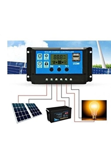 Güneş Paneli Solar Şarj Kontrol Cihazı 20A LCD Ekranlı Akü Regülatörü