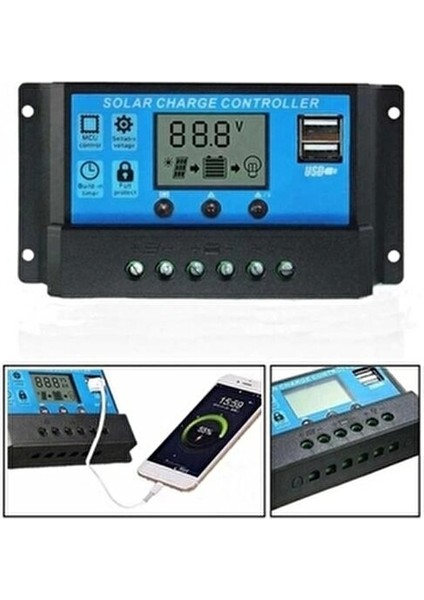 Güneş Paneli Solar Şarj Kontrol Cihazı 20A LCD Ekranlı Akü Regülatörü