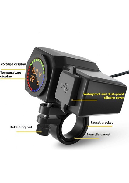 USB Socket Motosiklet Gideri ve Arka Ayna Su Geçirmez Hızlı Şarj Cihazı Telefon Güç Adaptörü Dijital Voltmetre Termometresi (Yurt Dışından)