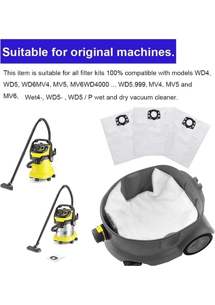 Karcher Wd4, Wd5 ve Wd6 Islak ve Kuru Çok Amaçlı Elektrikli Süpürge Için 12 Elektrikli Süpürge Torbası + 1 Düz Katlı Filtre (Yurt Dışından) indirimleri