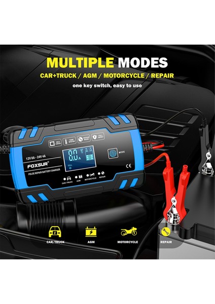 Foxsur Motosiklet Araç Pil Şarj Cihazı 12V 8A 24V 4A Otomatik Nabız Onarımı LCD Akıllı Araba Pil Onarımı Şarj Cihazı-Abd Fiş (Yurt Dışından) fiyatları