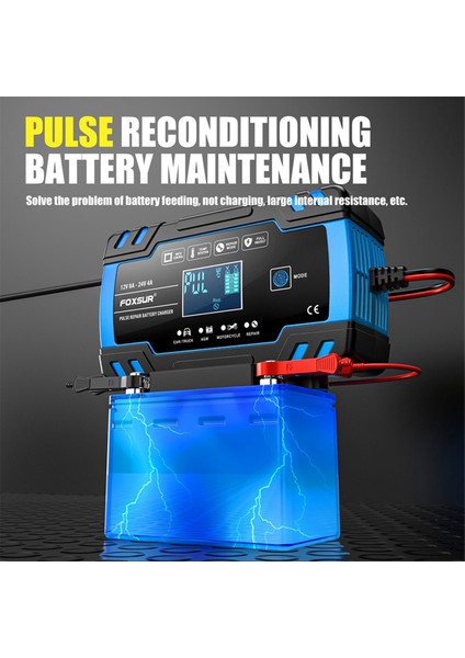 Foxsur Motosiklet Araç Pil Şarj Cihazı 12V 8A 24V 4A Otomatik Nabız Onarımı LCD Akıllı Araba Pil Onarımı Şarj Cihazı-Abd Fiş (Yurt Dışından) fırsatları