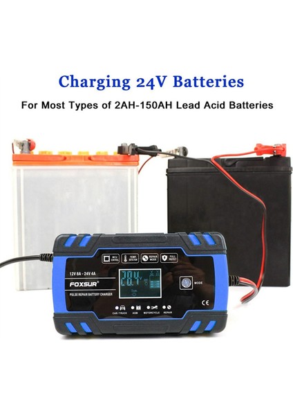 Foxsur Motosiklet Araç Pil Şarj Cihazı 12V 8A 24V 4A Otomatik Nabız Onarımı LCD Akıllı Araba Pil Onarımı Şarj Cihazı-Abd Fiş (Yurt Dışından) indirimleri