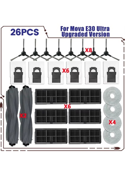 Dreame Mova E30 Ultra / Trouver E30 Ultra Elektrikli Süpürge Parçaları Için 26 Adet Ana Yan Fırça Filtre Paspas Toz Torbası (Yurt Dışından)