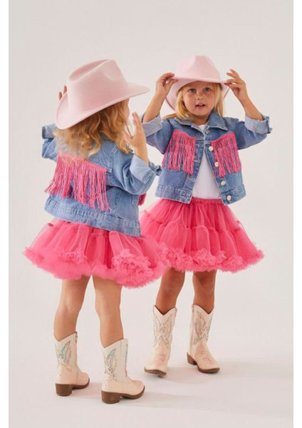 Püskül Detaylı Lot Ceketli Tütülü Kız Çocuk 2 li takım - Pembe modelleri